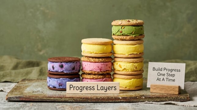 Colorful gourmet ice cream sandwiches stacked like a bar graph on a rustic surface represent business growth and steps to success, illustrating the concept of building progress one layer at a time