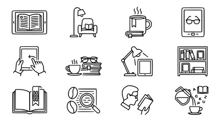 Fototapeta premium Reading Icons Set: Books, E-reader, Coffee, Lamp, Armchair, Library