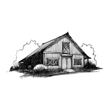 Hand drawn architect sketch style of old wood warehouse using black line in vector 