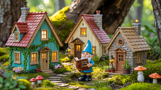 Cute gnome with blue hat and fairy tale mushroom houses in enchanted forest