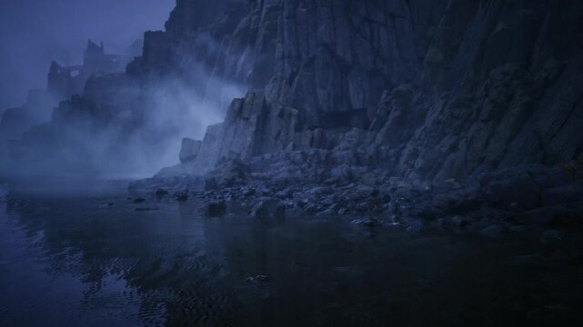 calm tidal pool reflecting basalt cliffs, glassy water captures jagged silhouettes and faint mist, low light textures and muted blue palette create meditative