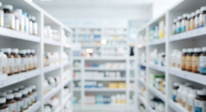 Blurred pharmacy interior background with white shelves filled with various medicine bottles and pharmaceutical products, representing healthcare and medical retail wellness concepts clear for clinic.