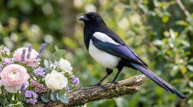 Magpie with flowers