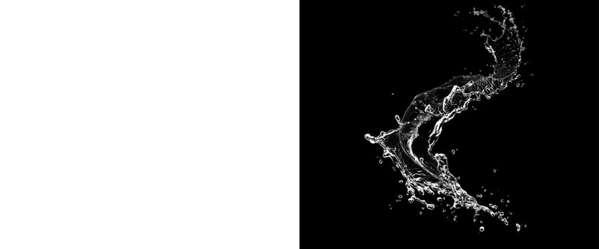 Dynamic water splash on black background, liquid splash overlay with alpha mask, fresh water flow design element
