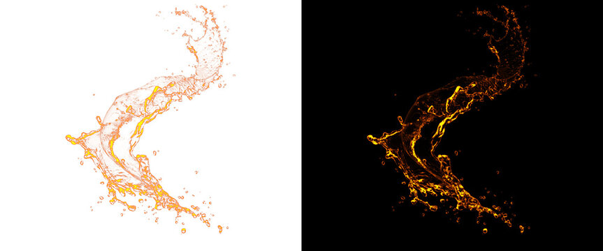Golden liquid splash isolated on white and black backgrounds, dynamic amber water crown, whiskey splash design element