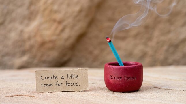 Burning blue incense stick in a red ceramic bowl with clear pause text next to a handwritten note about creating room for focus on a natural rock surface for wellness aromatherapy and mental calmness
