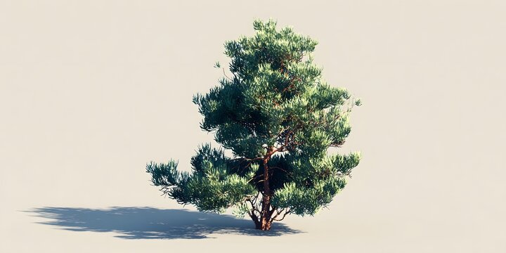 Isolated 3d model of a pine tree displaying detailed green needles and brown branches casting a shadow on beige background