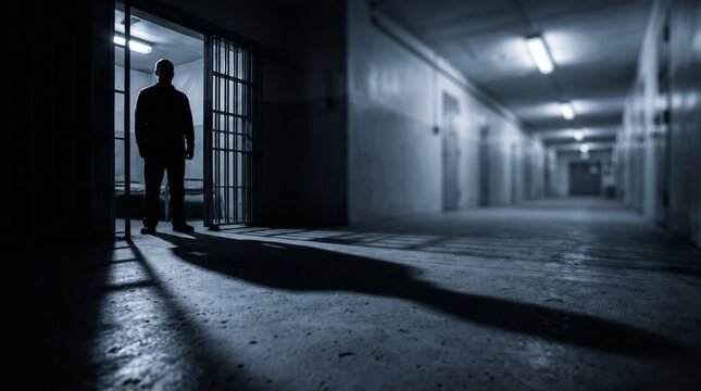 Silhouette of a male prisoner standing in an open jail cell doorway casting a long shadow in a dark prison corridor.