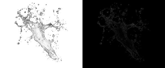 Fototapeta premium Red liquid splash on white and black background, dynamic water burst isolated, juice or blood splat graphic element