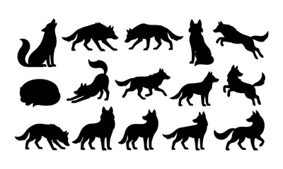 Fototapeta premium Wolf silhouettes set, collection of black canine icons in various poses and actions.