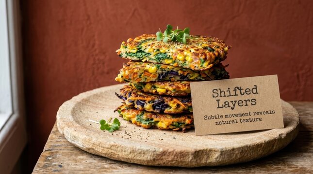 Delicious stack of colorful vegetable fritters with corn and carrots served on a rustic stone plate. Healthy vegetarian meal option for nutritious breakfast or snack showcasing organic fresh flavors..