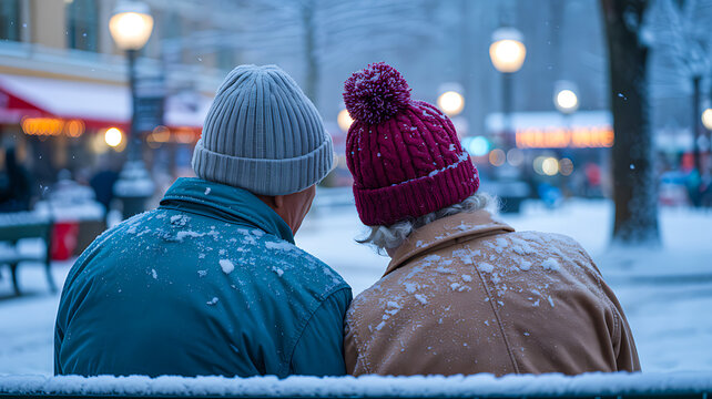 Senior couple sitting on bench watching snowfall in city park at winter night
