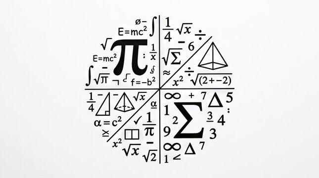 Mathematical and physics formulas in a circle.