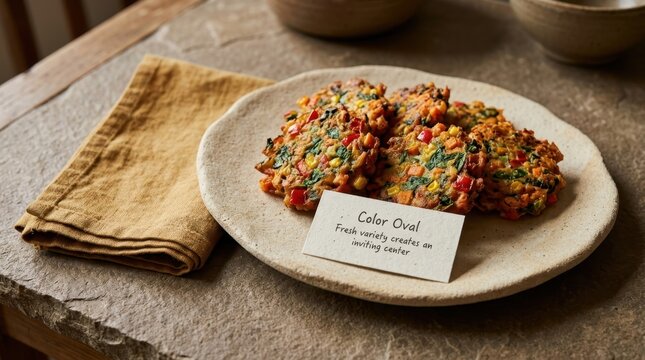 Freshly cooked vegetable fritters served on a rustic ceramic plate with a yellow napkin on a stone surface. These healthy corn and bell pepper pancakes are perfect for brunch and organic catering