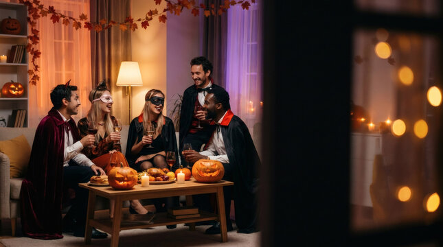 Diverse friends celebrating Halloween at a cozy home party with pumpkin decorations