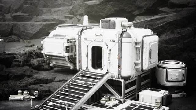 White habitat power unit with solar panels, external cabling and battery housing, utilitarian layout conveying renewable energy and infrastructure focus