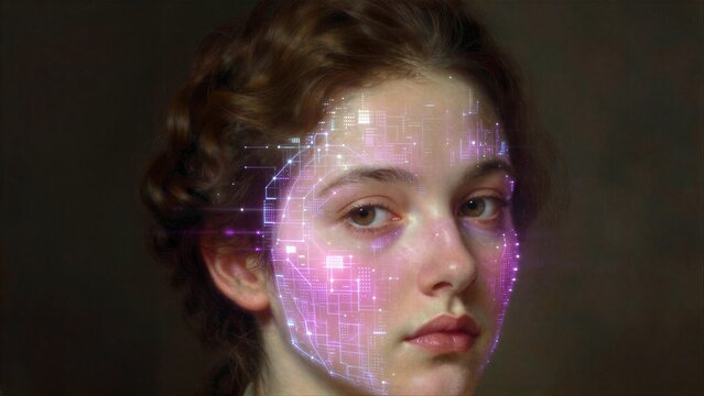 A woman's face blends classical art with glowing digital circuitry, symbolizing human-machine fusion.