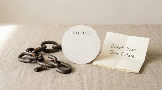 Inspiring concept of liberation and personal growth featuring broken rusty metal chains next to motivational paper notes on a textured beige fabric background for mental health and success themes, ok.