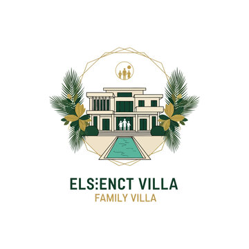 Elegant family villa logo template featuring a modern luxury mansion with swimming pool, tropical palm leaves, and geometric gold frame.