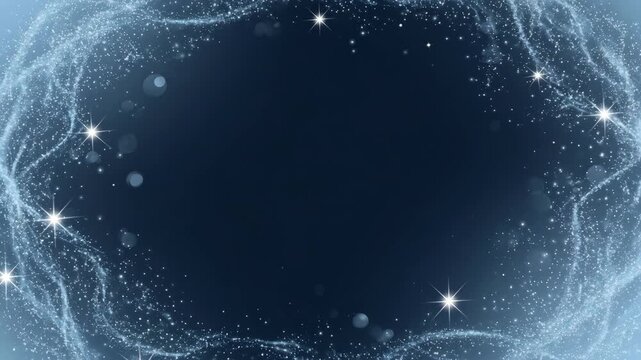 Sparkle blue graphic background with abstract star dust frame, dark center, bright light border, radiant glow, and elegant copy space for festive SEO design