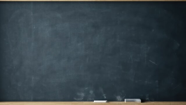 Empty blackboard with chalk and eraser on wooden surface