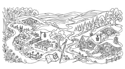 Fototapeta premium Whimsical Hobbit Village Landscape Line Art Coloring Page