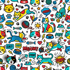 Naklejka premium Colorful pop art cat seamless pattern with comic style doodles