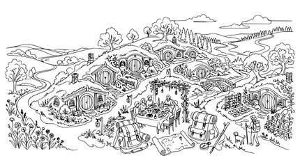 Fototapeta premium Fantasy Hobbit Village Landscape Drawing, Rolling Hills, Cozy Homes, Outdoor Feast