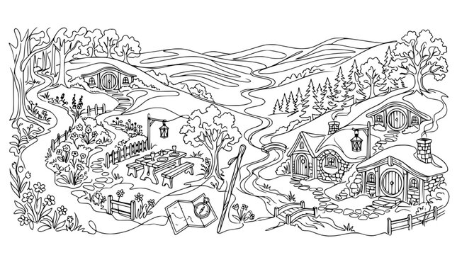 Whimsical Hobbit Village Landscape Line Art Coloring Page