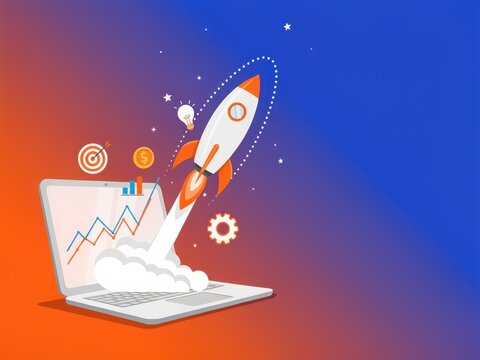 Launch rocket taking off from a laptop with analytics icons and gear