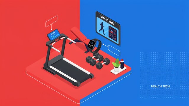 Isometric smart gym setup with treadmill and exercise monitor