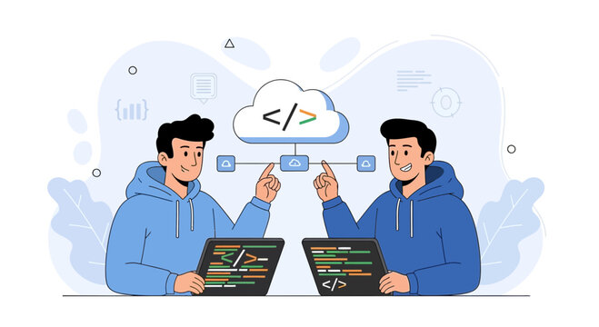Two developers collaborate on cloud computing, coding and data sharing with tablets and cloud icon