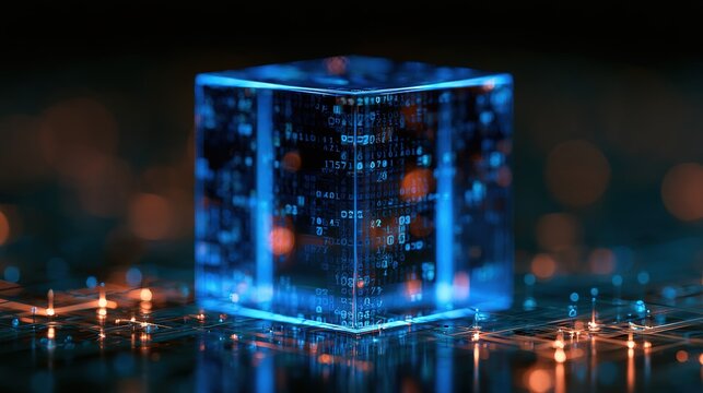 Futuristic data storage visualization, bright blue translucent light and digital code cube with neon binary surfaces, positioned on dark network grid floor with orange and blue nodes, low angle shallo