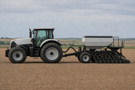 Modern tractor with seed drill machine working in agricultural field. Side view of heavy machinery plowing soil for planting. Concept of farming industry, agronomy, and spring season.