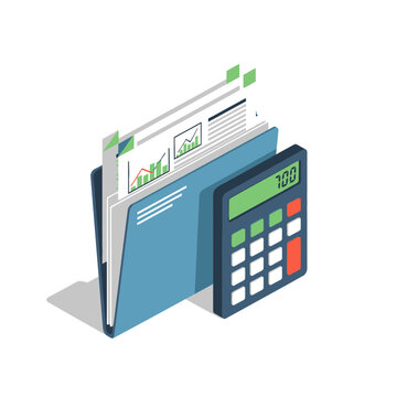 Isometric folder with documents and calculator on desk.