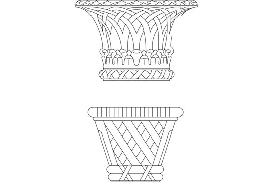 Technical architectural drawing showing two ornate classical planters or decorative pots featuring fluted rims, woven lattice and strapwork patterns, and sculpted acanthus leaf motifs.