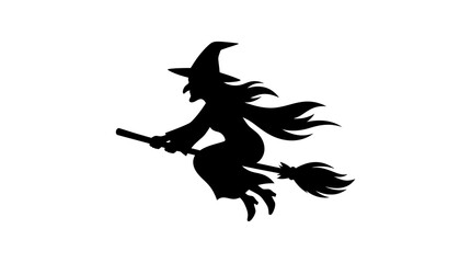 Fototapeta premium Halloween witch silhouette flying on broomstick against white background isolated vector illustration