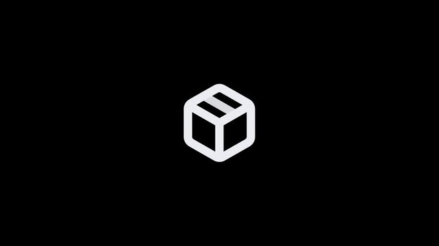 Minimalist white outline icon of a shipping box on a solid black background.