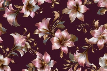 Fototapeta premium Luxury Burgundy Botanical Seamless Pattern with Lily Amaryllis and Acanthus Foliage
