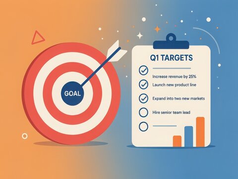 Q1 business target checklist with goal arrow illustration