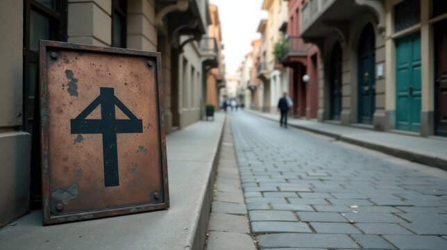 A weathered copper plaque displays a simple cross symbol on a cobblestone street, hinting at a forgotten past and the quiet dignity of a bygone era.