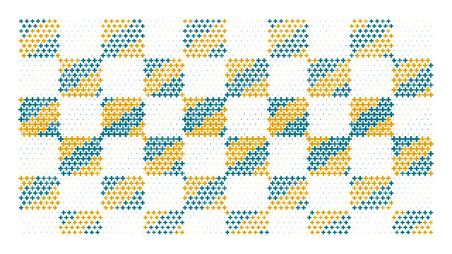 Rectangular grid pattern with alternating yellow and teal diagonal stripes, geometric texture on a black background, digital