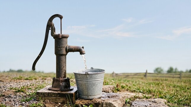Classic water well pump filling a metal bucket in a rural field landscape