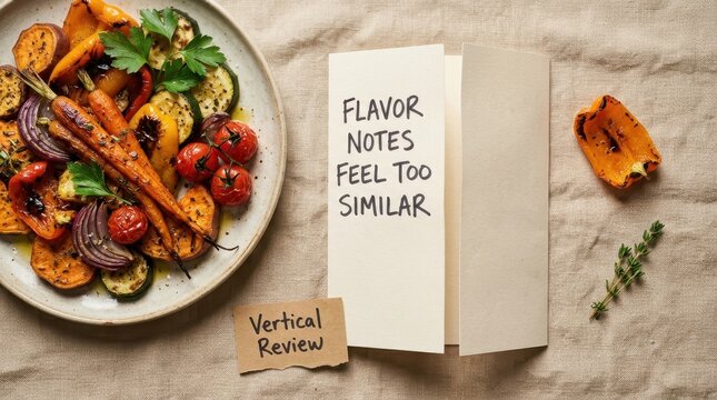 Freshly roasted vegetables served on a plate with handwritten culinary notes and vertical review text on textured linen background, representing professional food tasting and gourmet meal evaluations.