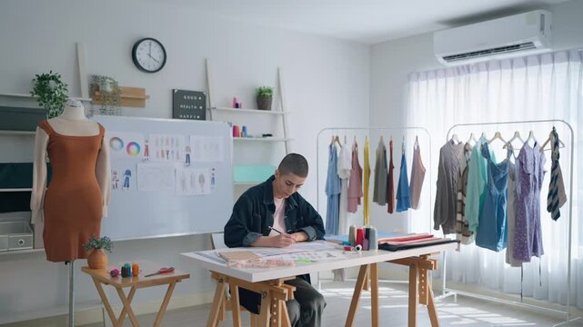 Caucasian young woman working as fashion designer in tailor studio.