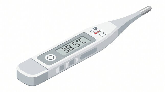 Isometric digital thermometer showing high fever temperature on a white background