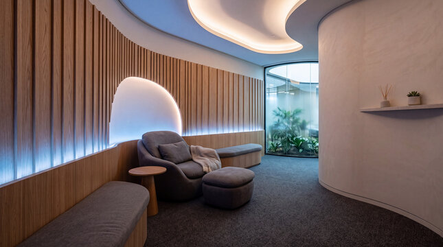 Minimalist Sensory Quiet Room with Curved Wooden Walls and Ambient Blue Lighting in Modern Office