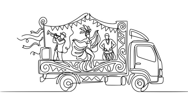 Carnival Parade Float with Dancers and Musicians, Single Line Art