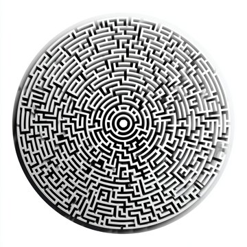 3D circular maze disk complex black and white labyrinth isolated on white background
