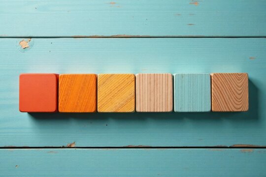A Row of Colorful Wooden Blocks on a Rustic Blue Surface Representing a Series of Steps or Stages